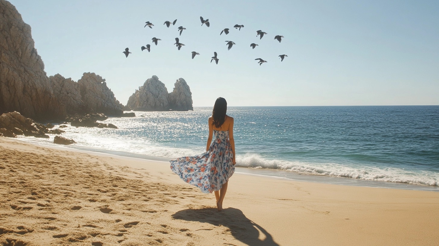 Woman in a flowy floral dress walking on the beach in Cabo