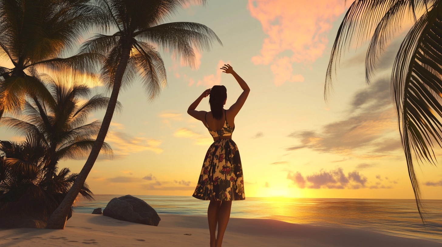 Woman in a floral dress on a beach at sunset in Cabo