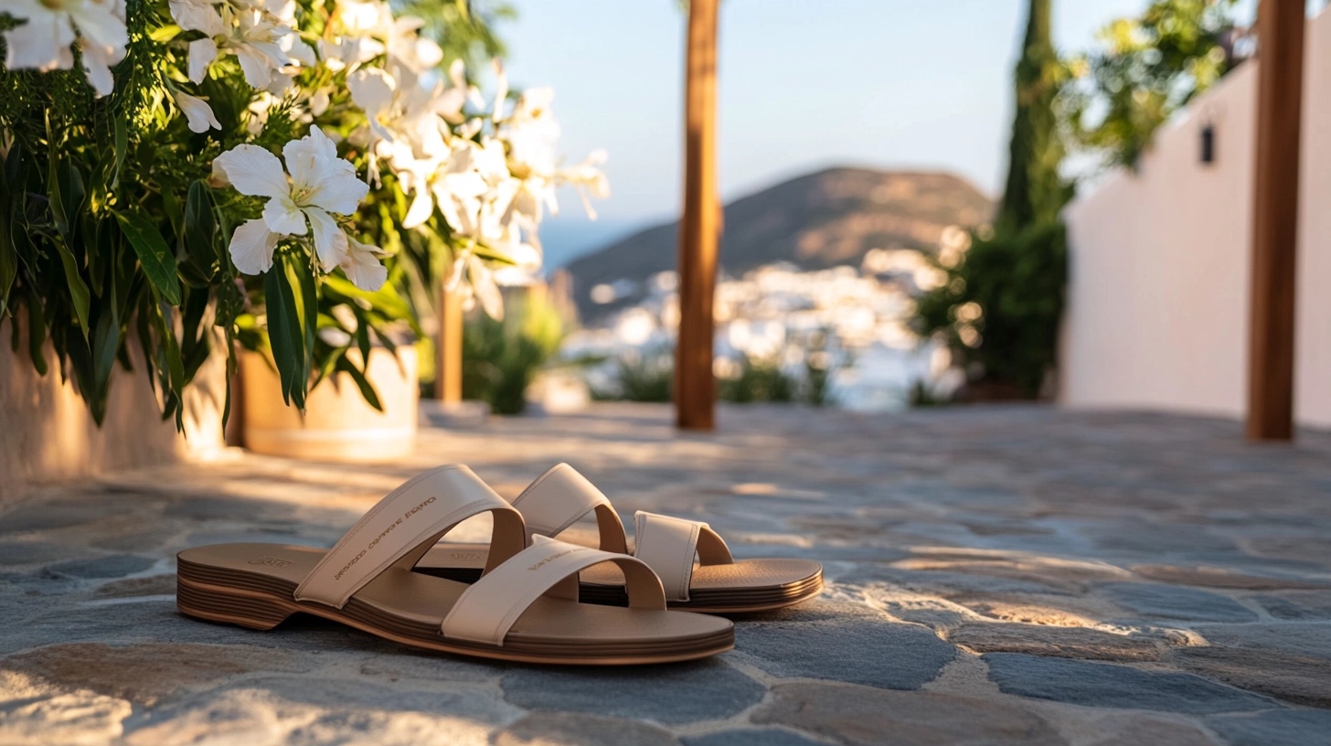 Close-up of stylish sandals on a cobblestone street