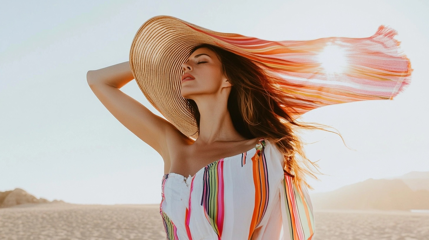 Woman wearing a wide-brimmed hat on the beach