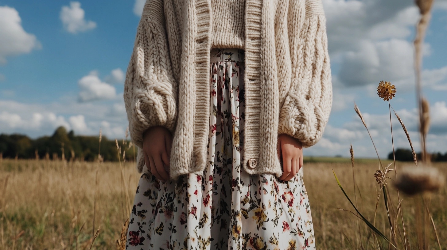 Person standing in a field, wearing a chunky knit cardigan over a floral skirt.