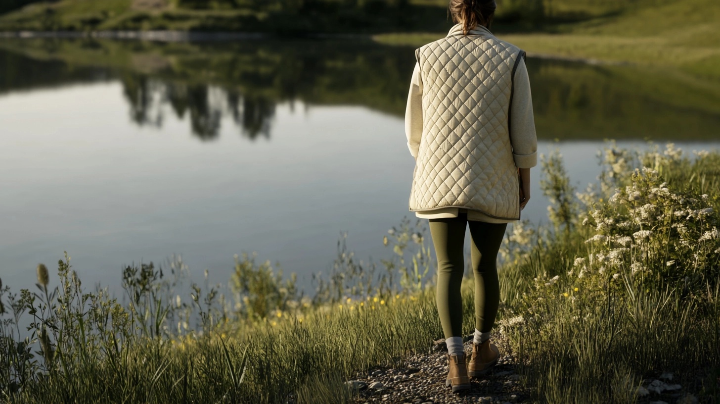 Person walking along a path beside a lake, wearing a quilted vest over a white top and green leggings.