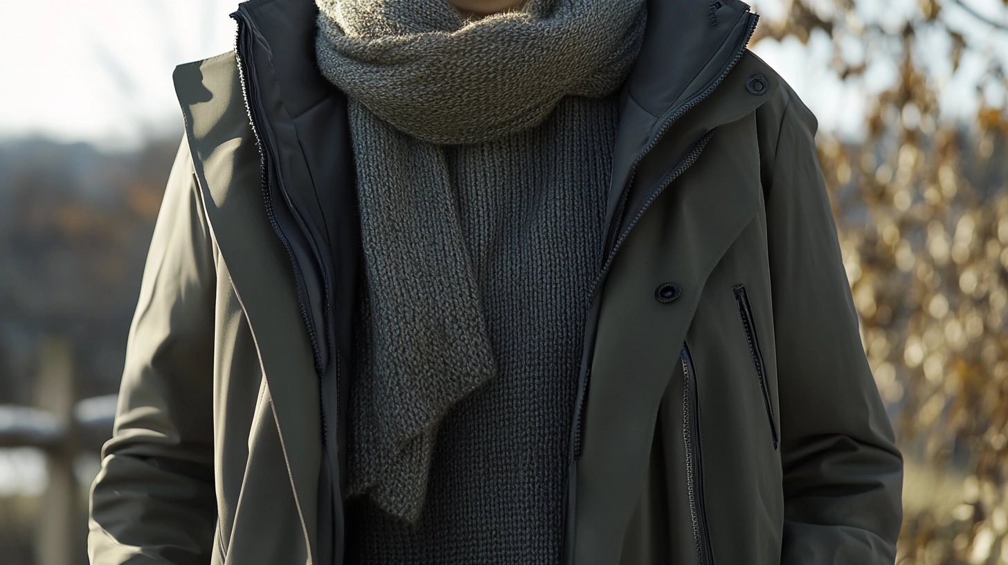 Close-up of a person wearing a layered outfit: a waterproof jacket, a sweater, and a scarf.