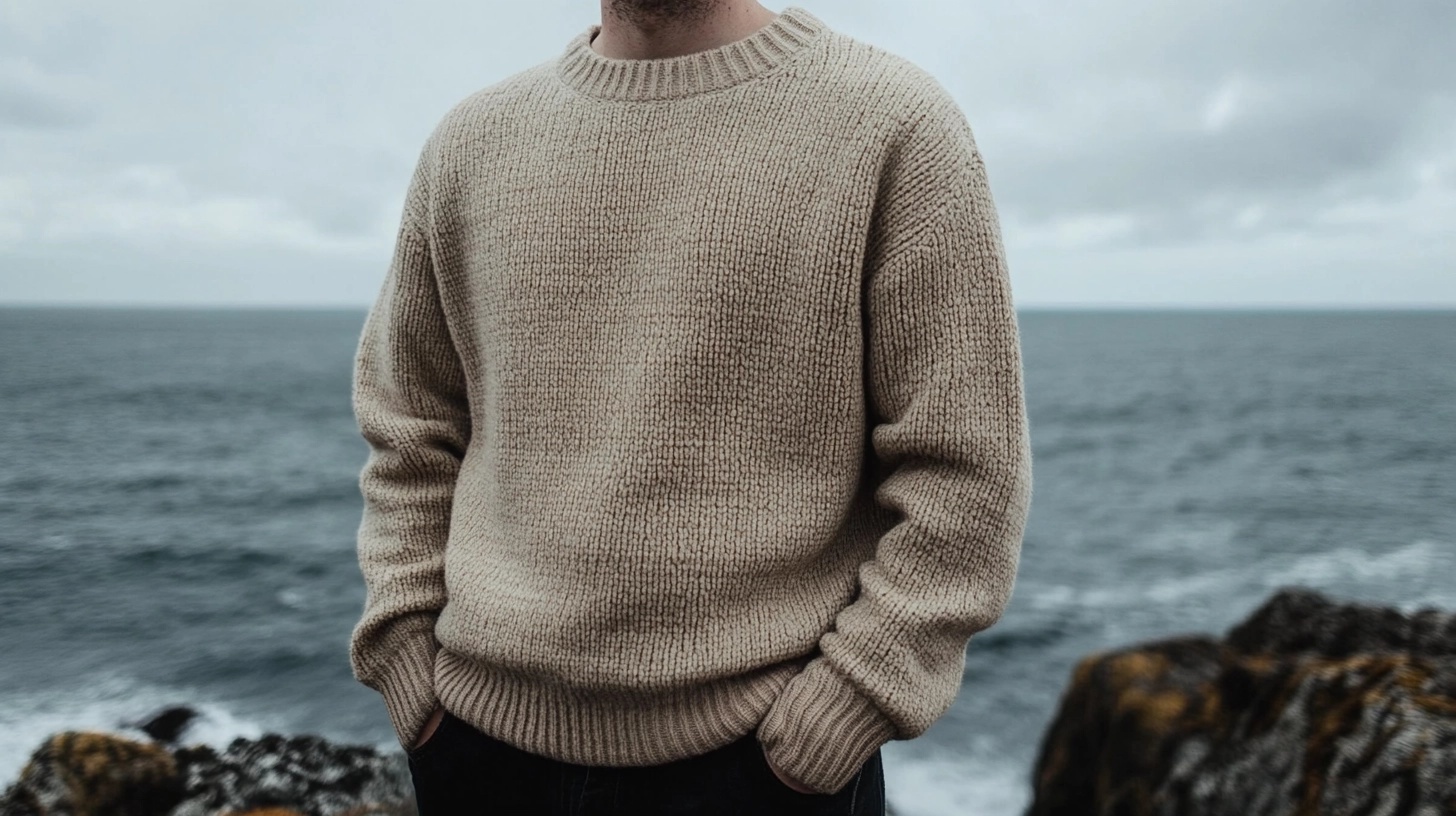 Person standing near the ocean, wearing a cream-colored fisherman's sweater.