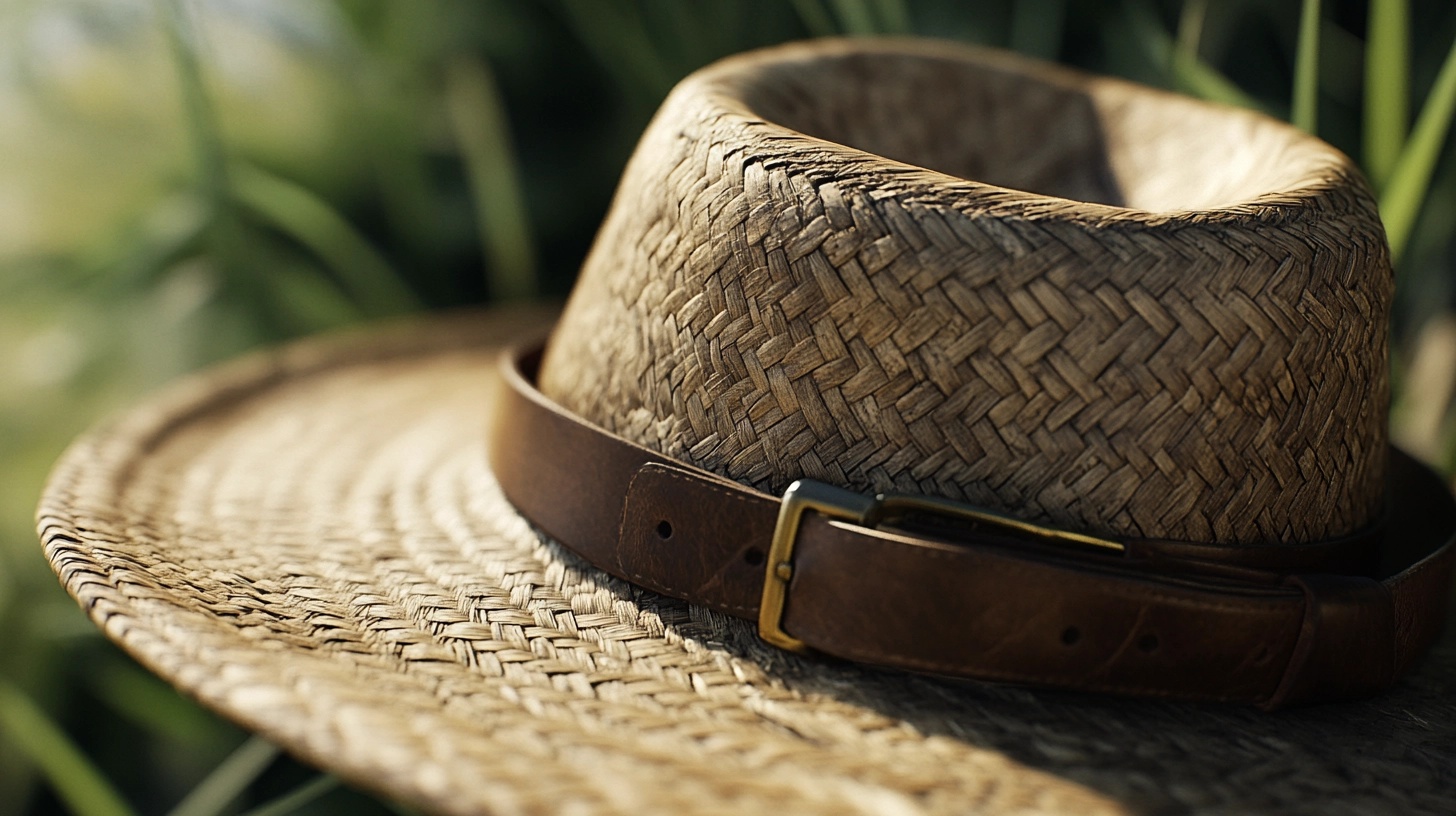 Close-up of a straw hat with a brown leather belt wrapped around it.