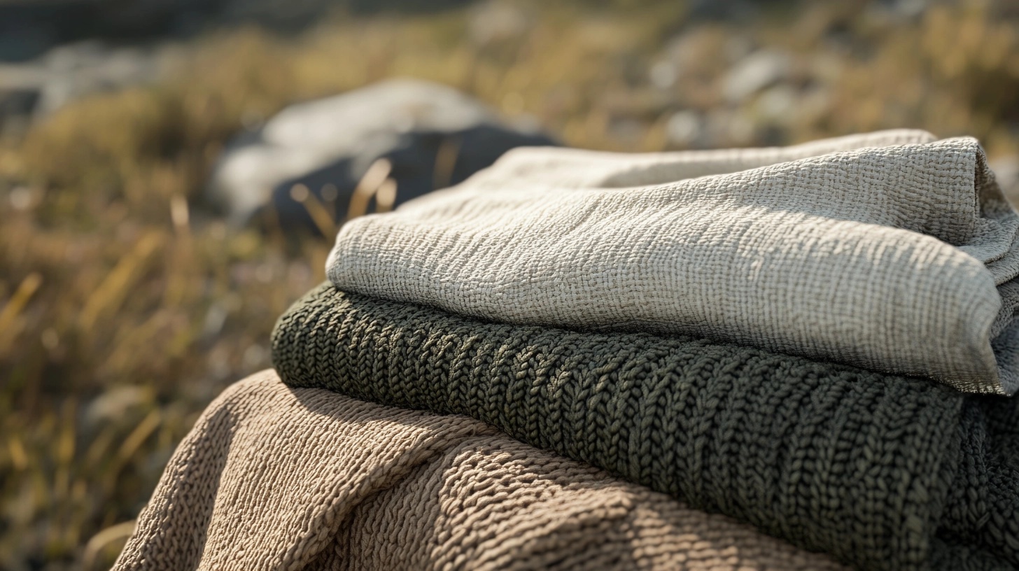 Close-up of folded sweaters in various earthy tones: beige, green, and brown.