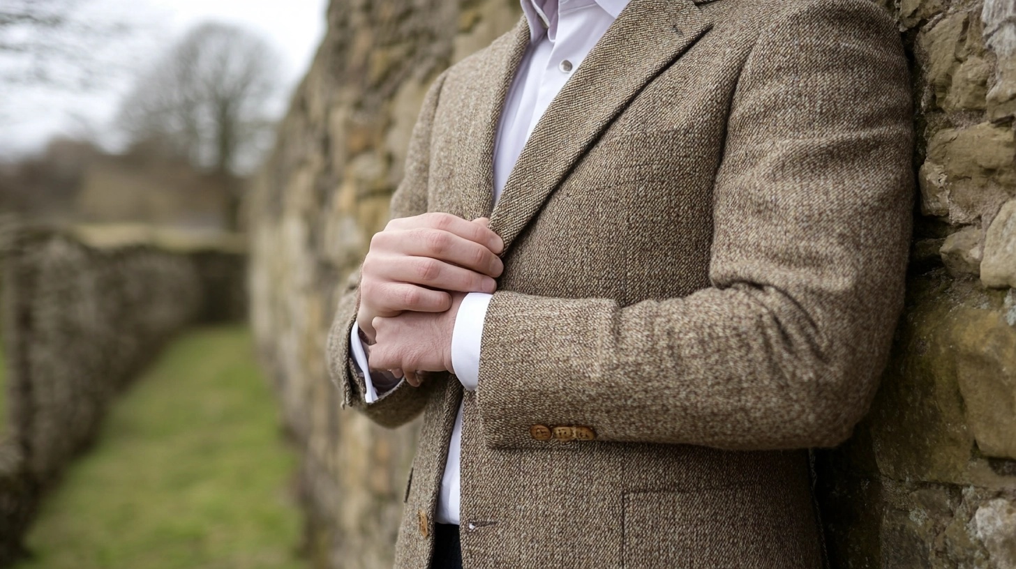 Close-up of a person leaning against a stone wall, wearing a tailored tweed blazer.