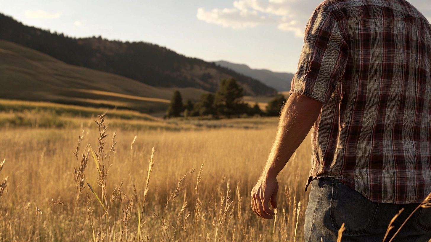 Person walking in a field of tall grass, wearing a plaid shirt and jeans, seen from behind.