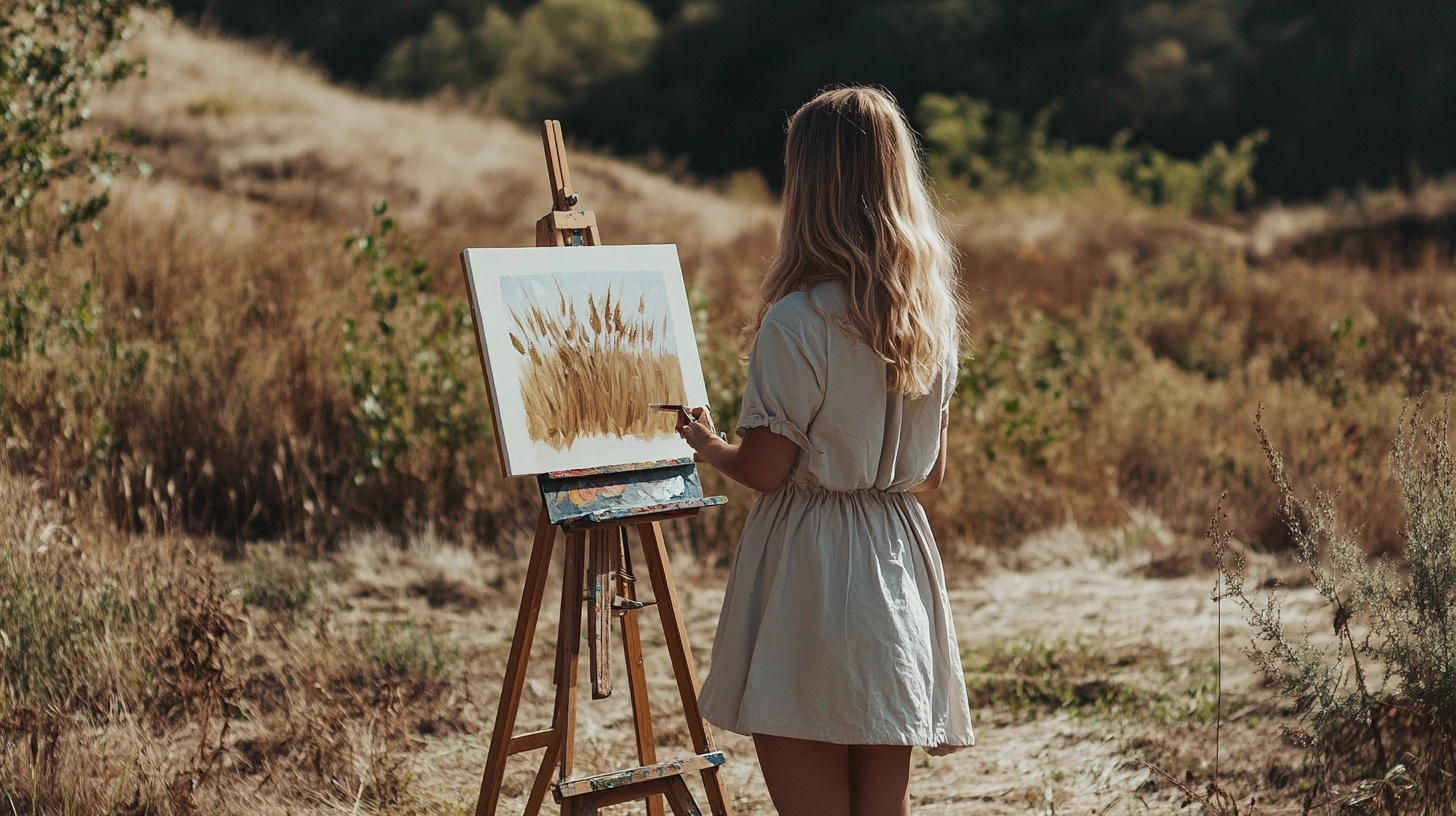 Woman from behind, painting on a canvas in a field, wearing a light-colored smock dress.