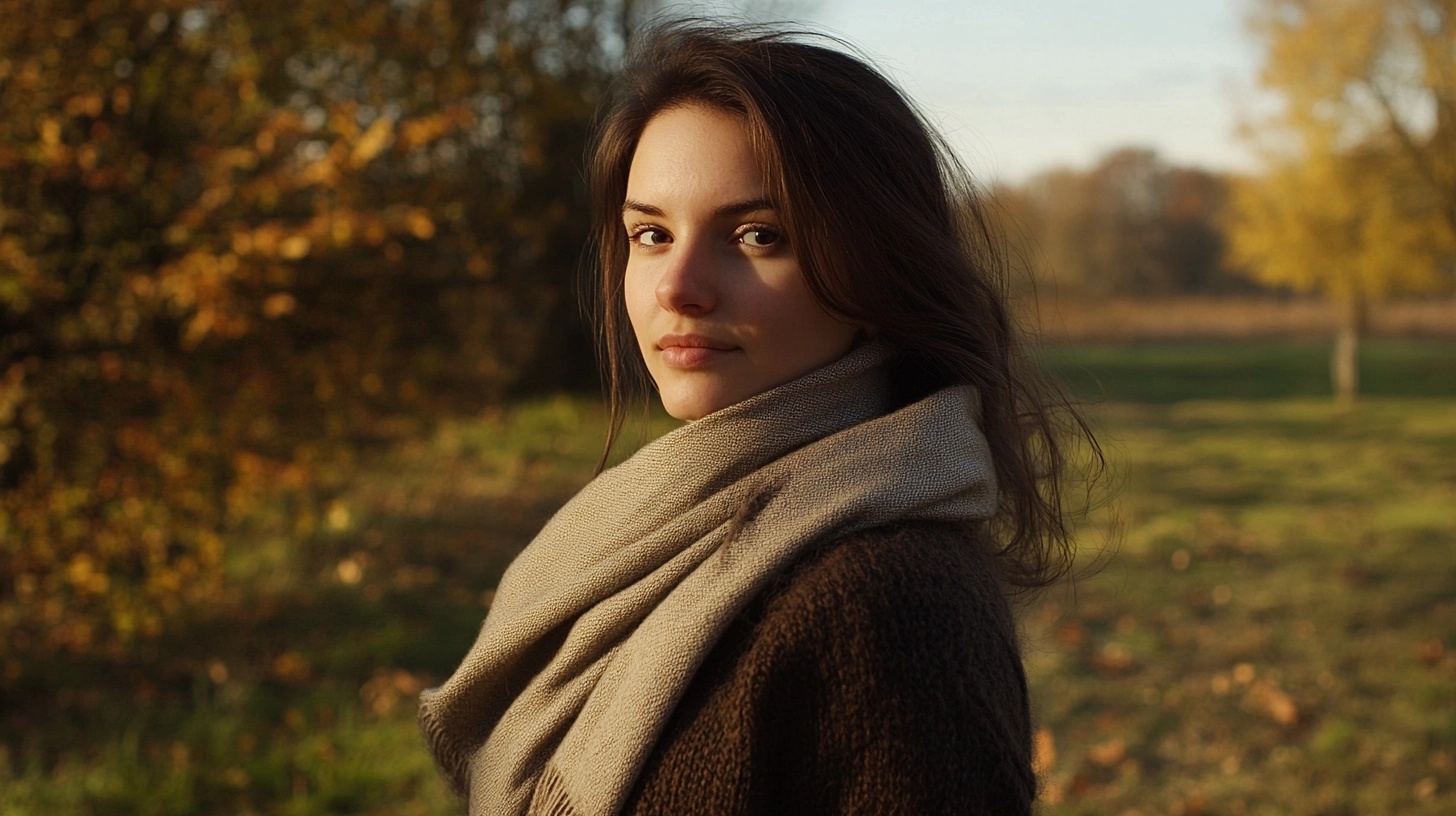 Young woman looking at the camera, wearing a brown sweater and a large, draped scarf in a matching tone.