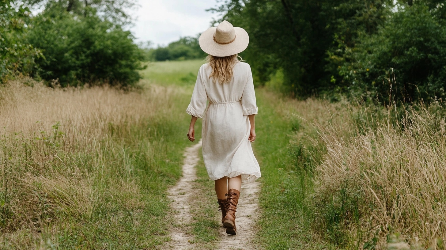 Woman walking down a path, wearing a white shirtdress, boots, and a wide-brimmed hat, seen from behind.