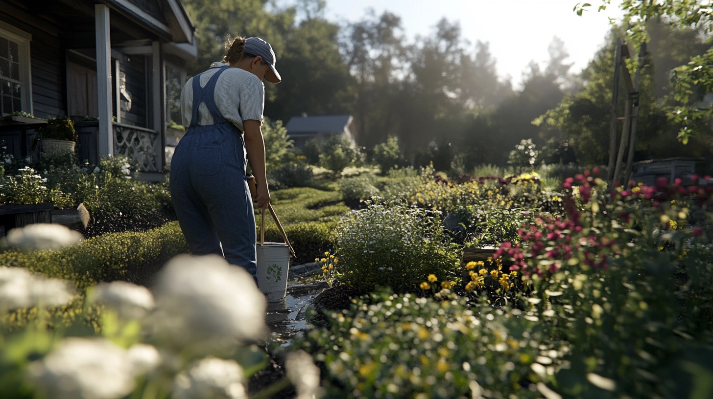 Person watering plants in a garden, wearing denim overalls and a baseball cap.