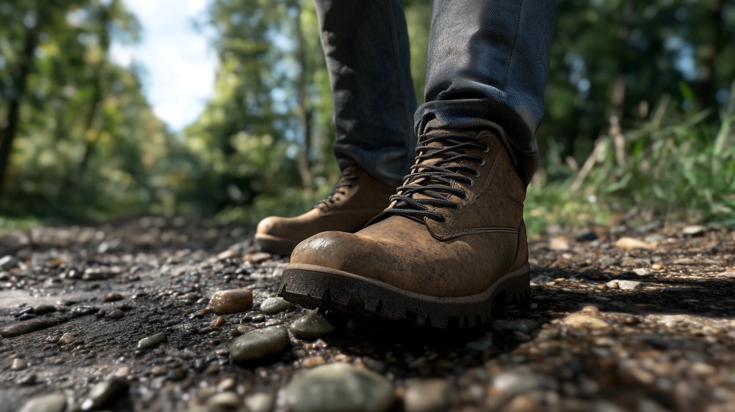 Close-up of a person's legs and feet, wearing brown walking boots and dark jeans, standing on a gravel path.