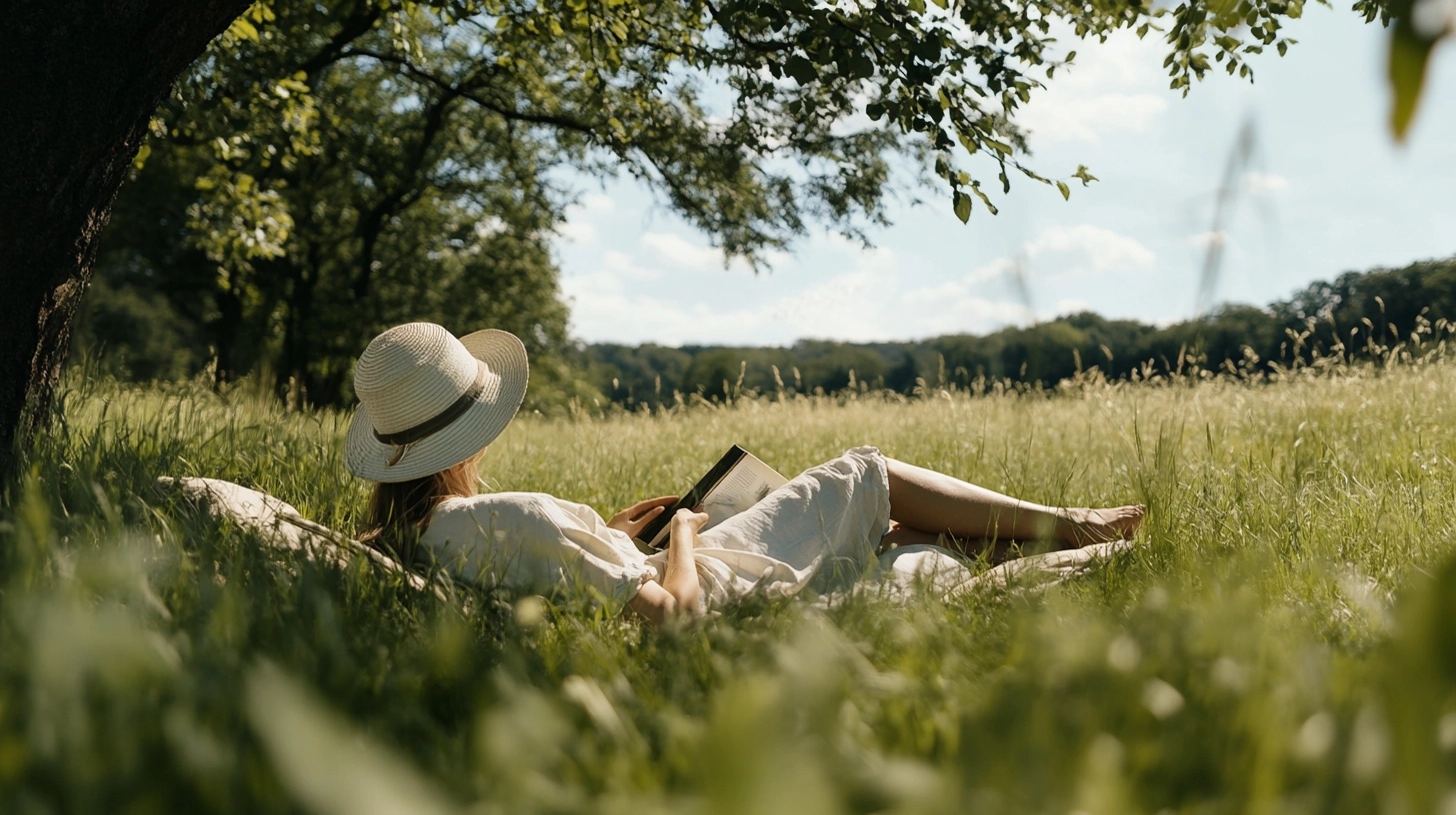 Woman relaxing in a field, wearing a light-colored linen outfit and a hat, reading a book.