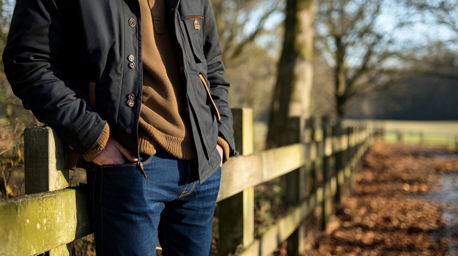 Person leaning against a wooden fence, wearing a dark Barbour jacket over a brown sweater and jeans.