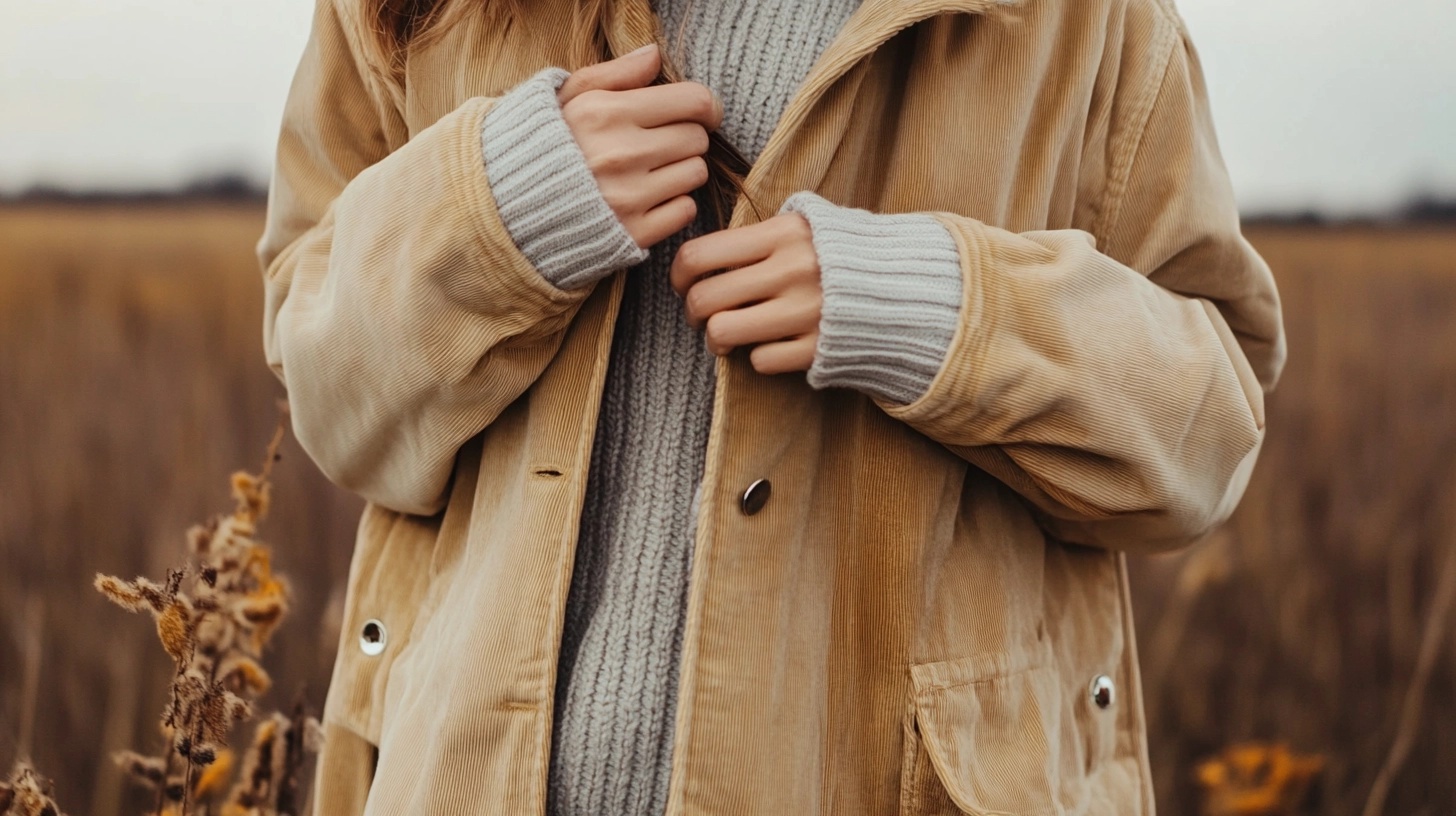 Close-up of a person wearing a tan corduroy jacket over a grey knit sweater.