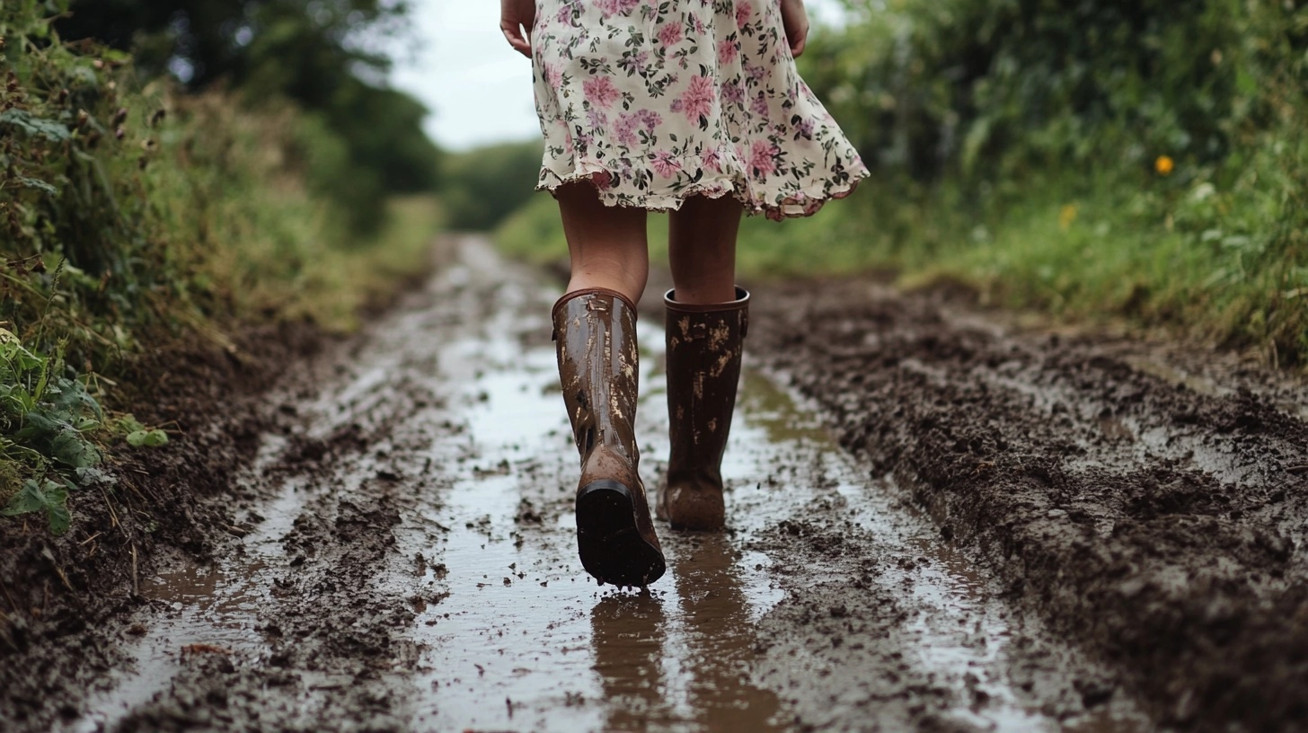 Woman walking down a muddy path, wearing a floral dress and brown wellington boots.