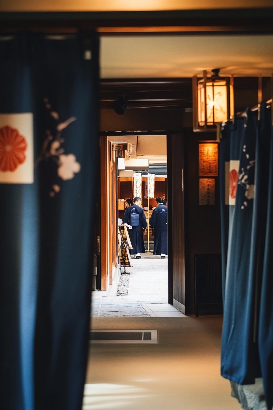 View through traditional blue Japanese Noren curtains into a warmly lit sushi restaurant hallway