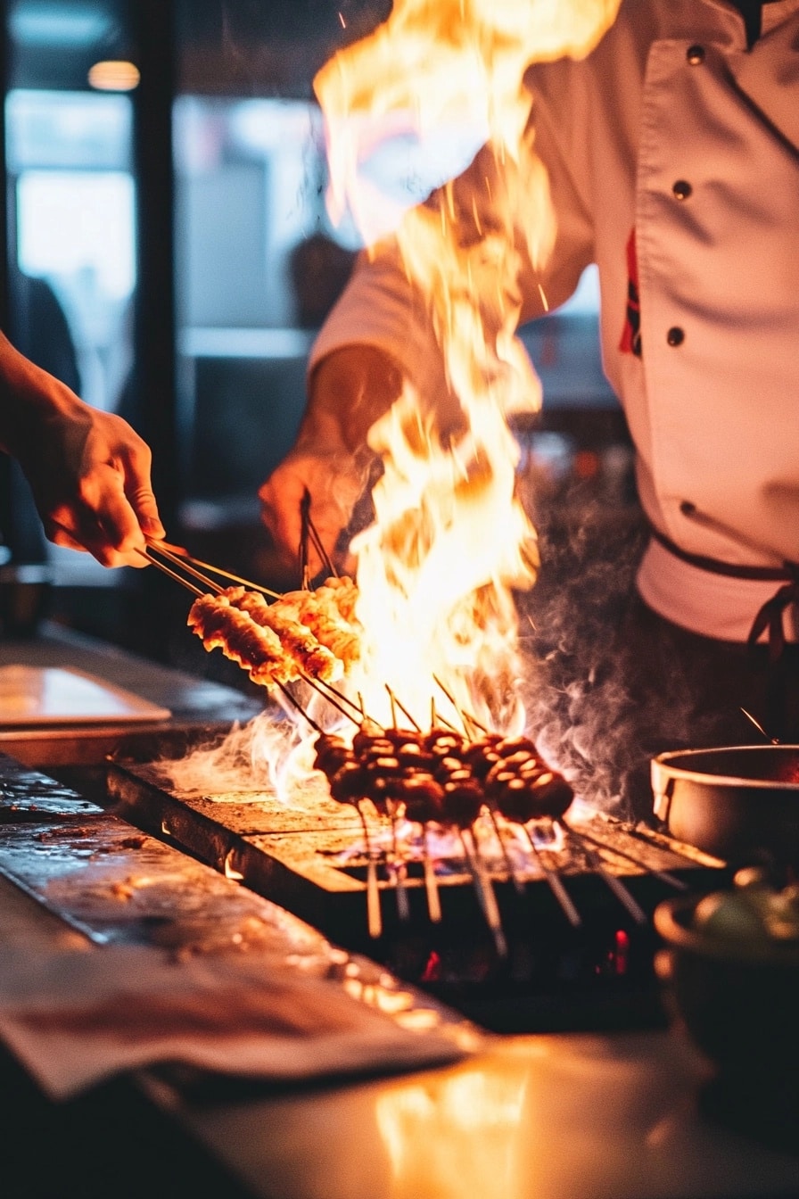 Yakitori Grill Action Chef grilling yakitori skewers over intense open flames at a counter bar, creating smoke and drama