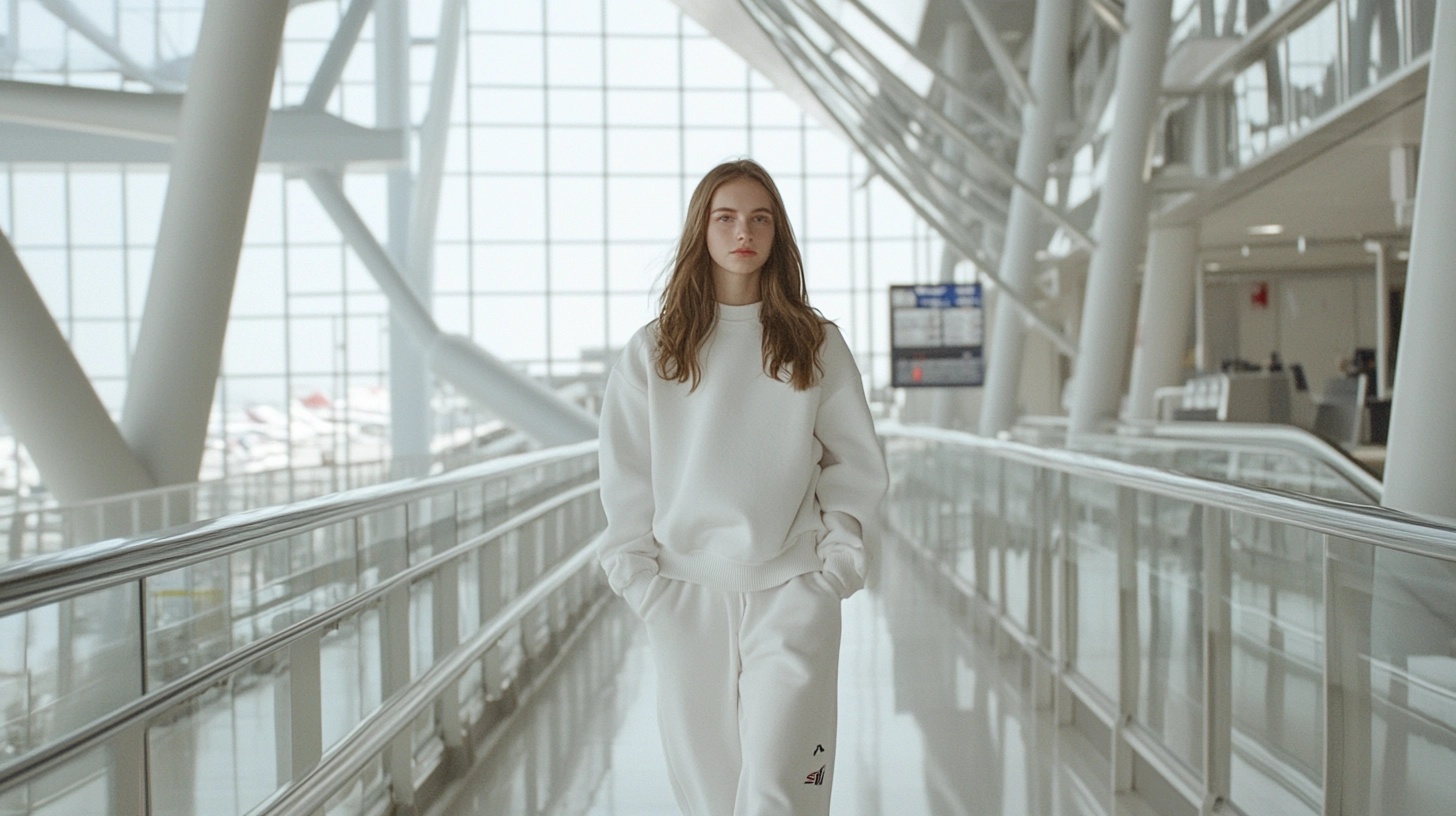 Woman walking through an airport, wearing a white sweatsuit.