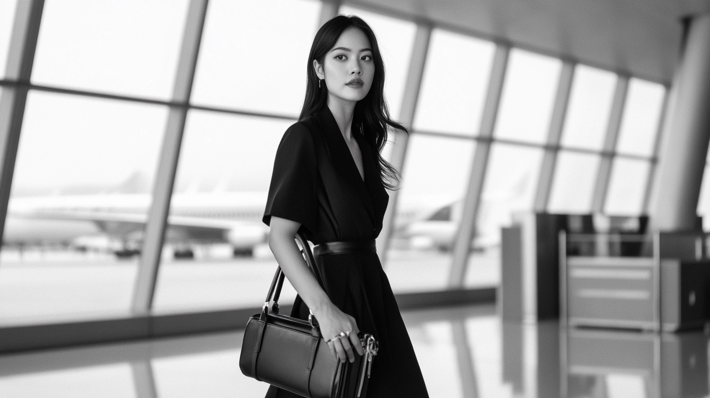 Woman in a black dress and carrying a black bag, walking through an airport.