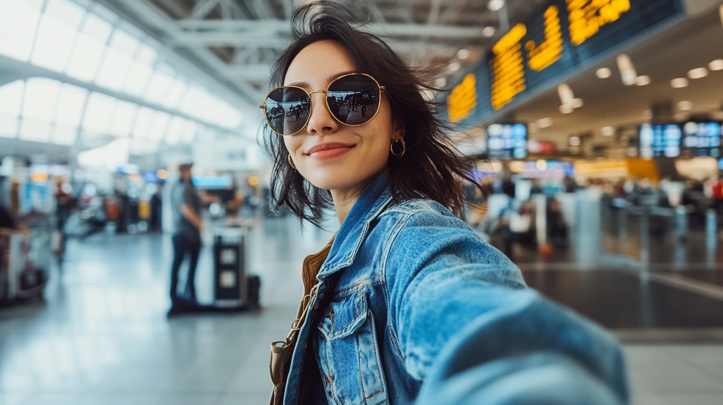 Woman taking a selfie at the airport, wearing sunglasses and a denim jacket.