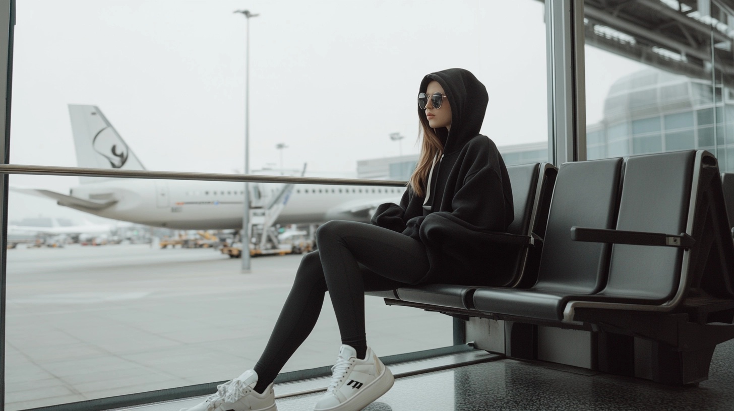 Woman sitting in an airport, wearing a black hoodie, black leggings, and white sneakers.