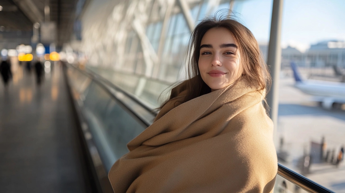 Woman on a moving walkway at the airport, wrapped in a large, tan scarf.