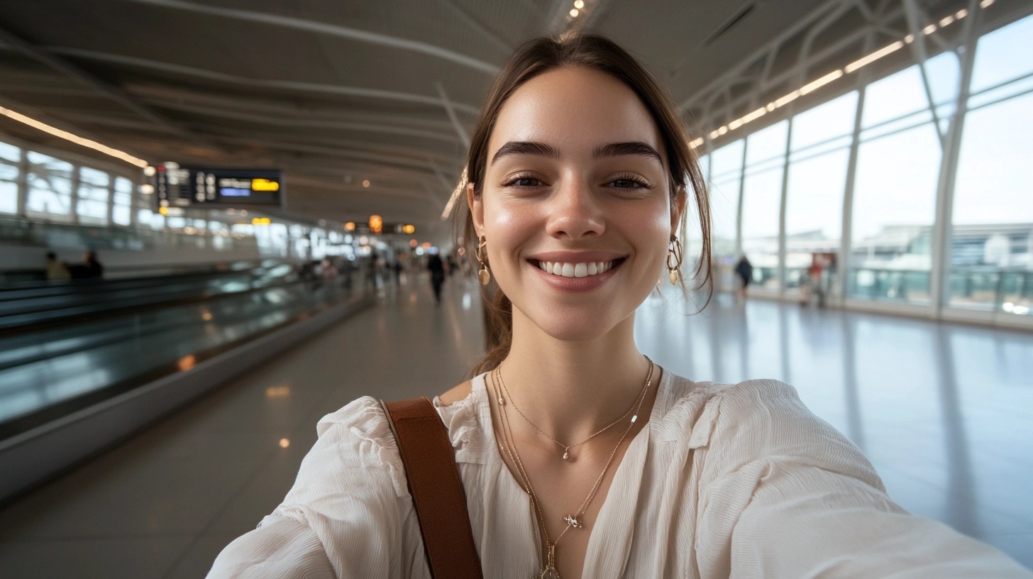 Close-up of a woman at the airport, wearing delicate gold jewelry.