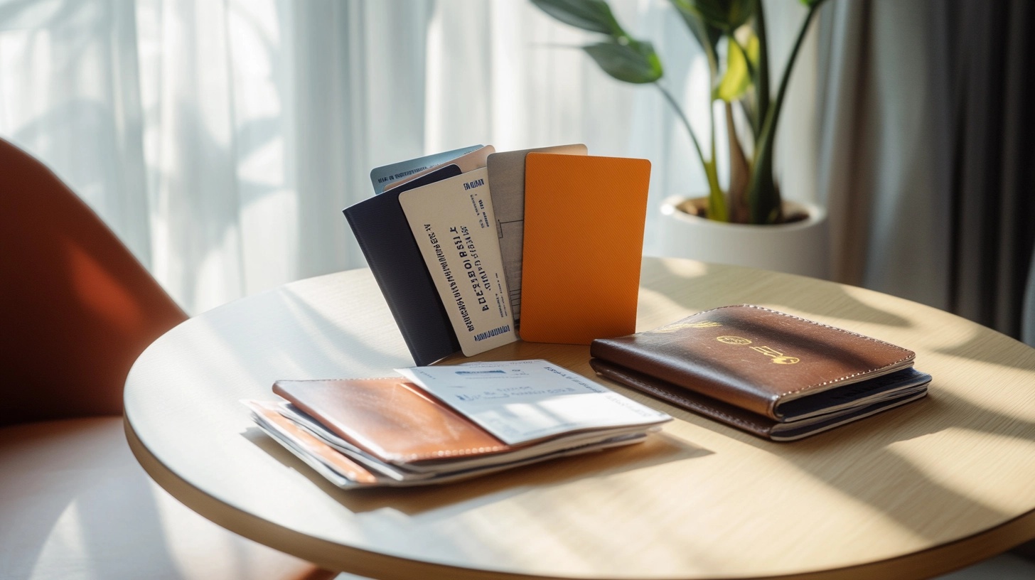 Passport, cruise tickets, and identification cards neatly arranged.