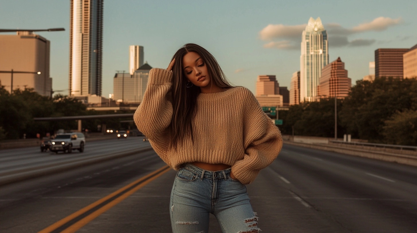 Woman in ripped jeans and a tan cropped sweater in Austin, Texas