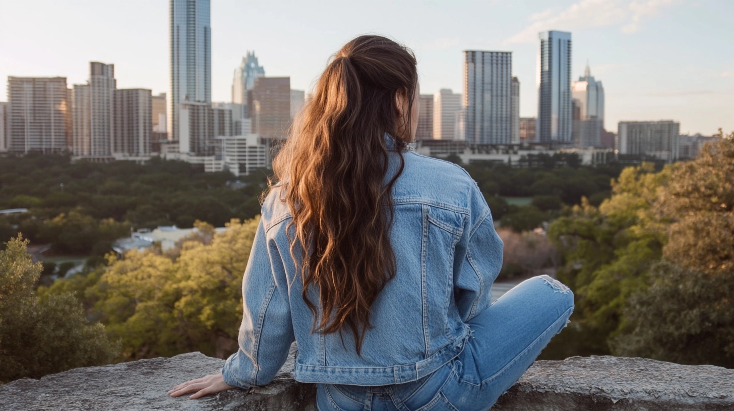 Woman in white tee, denim shorts, and red bomber jacket