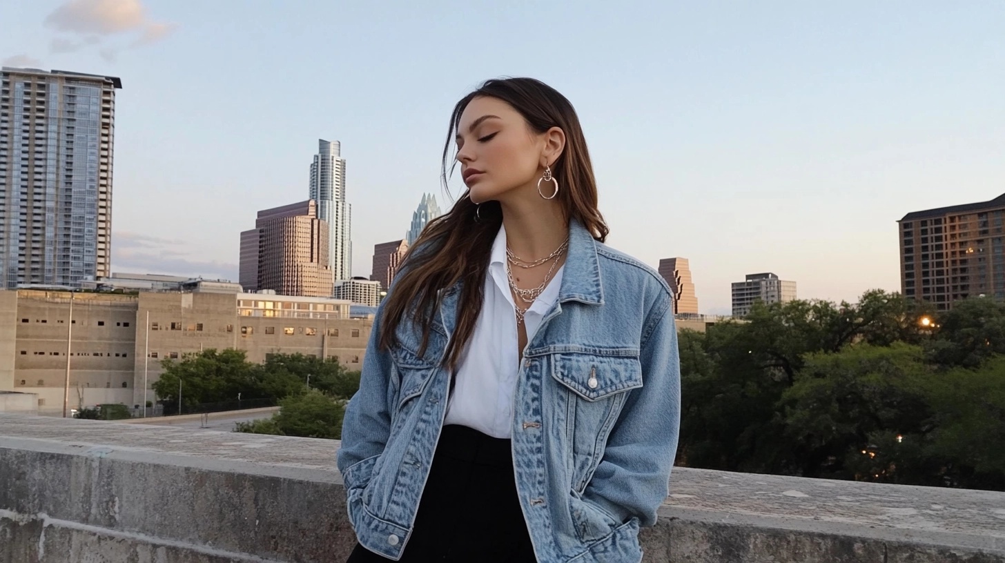 Woman wearing a tee and bomber jacket, with hair up.