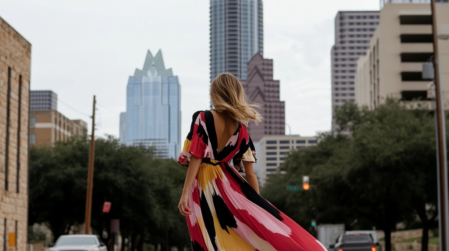 Woman in a long, flowing, patterned dress in Austin, Texas