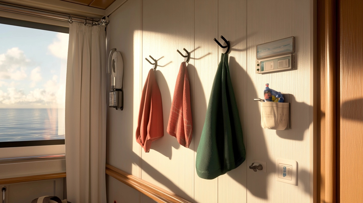 Magnetic hooks organizing towels and a toiletry bag in a Disney Cruise cabin.