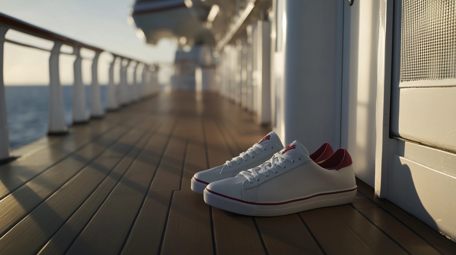 Comfortable white sneakers on the wooden deck of a cruise ship.