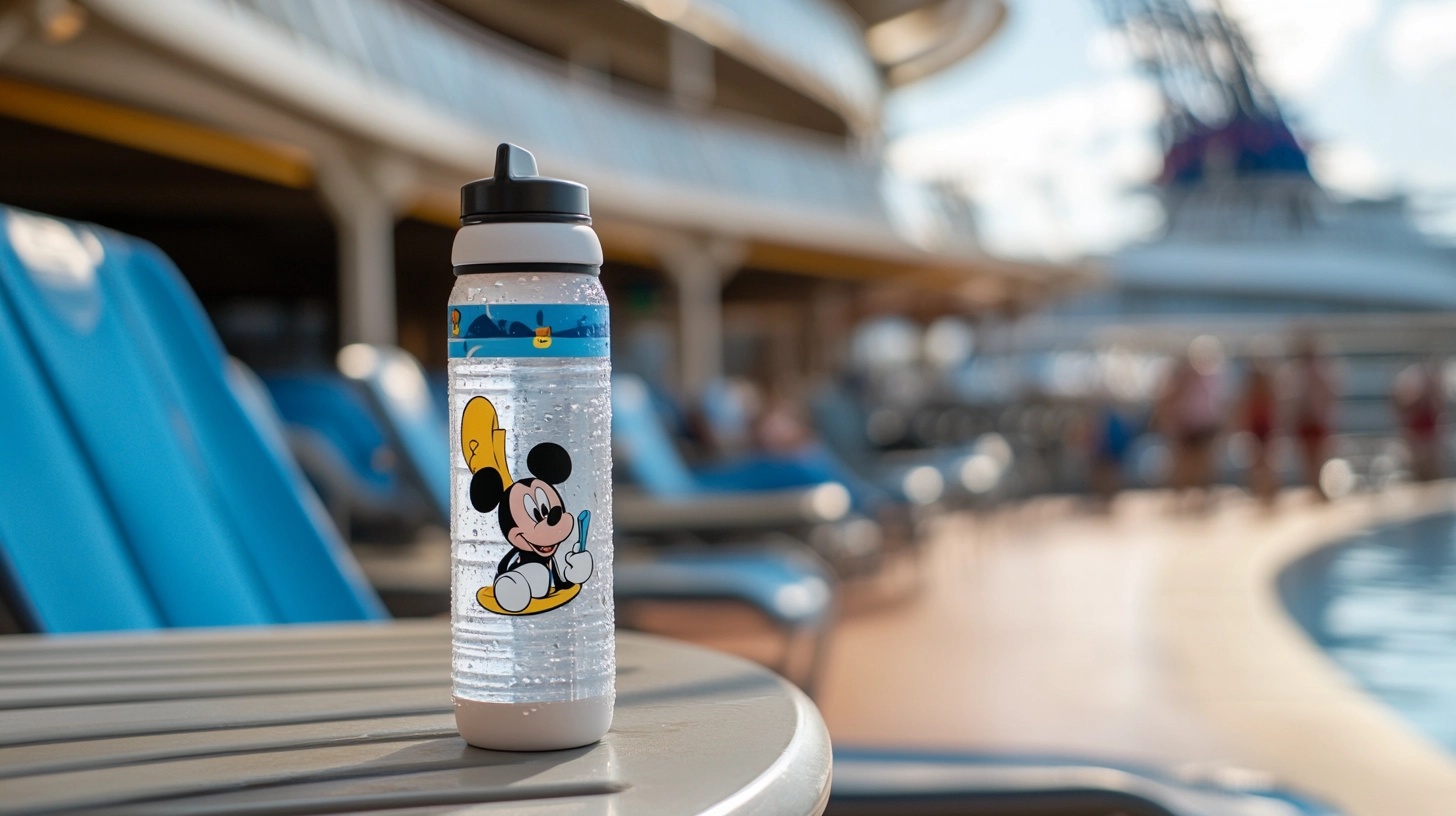 A reusable water bottle with a Disney-themed design, next to a pool on a cruise ship.