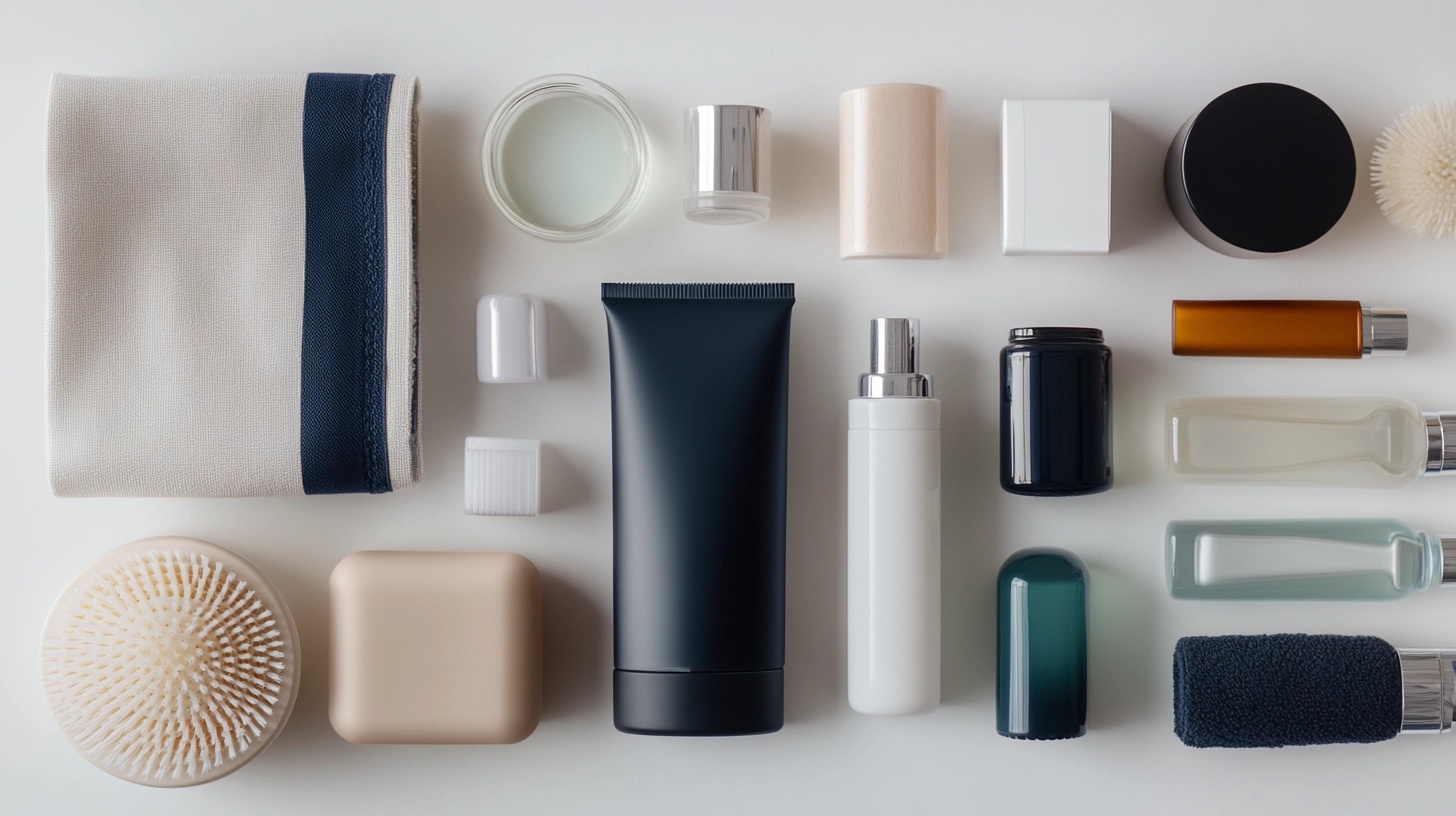 A collection of travel-sized toiletries arranged neatly.