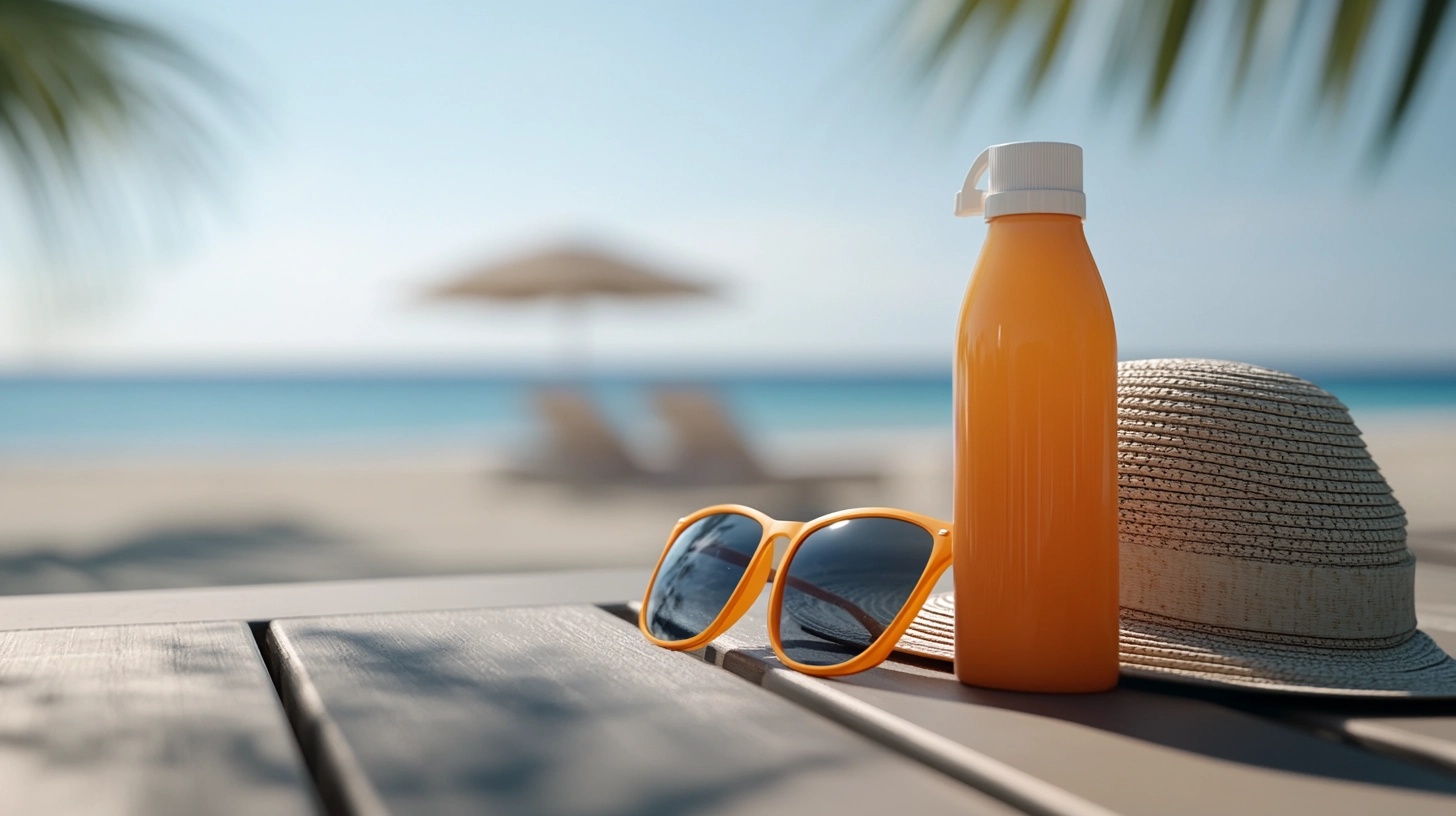 Sunscreen, a hat, and sunglasses on a table, with a beach in the background.