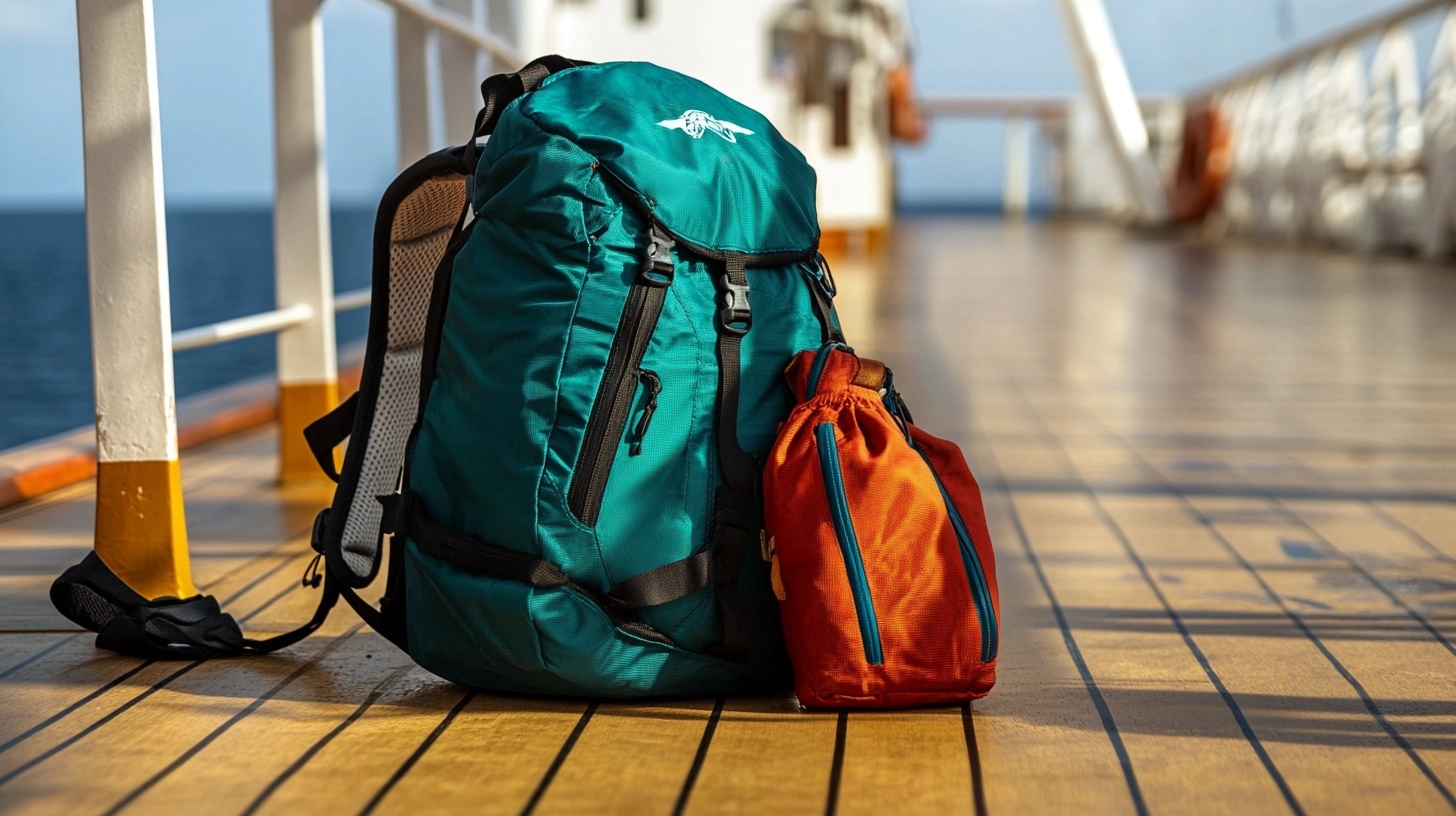 A teal and orange backpack on the deck of a cruise ship.