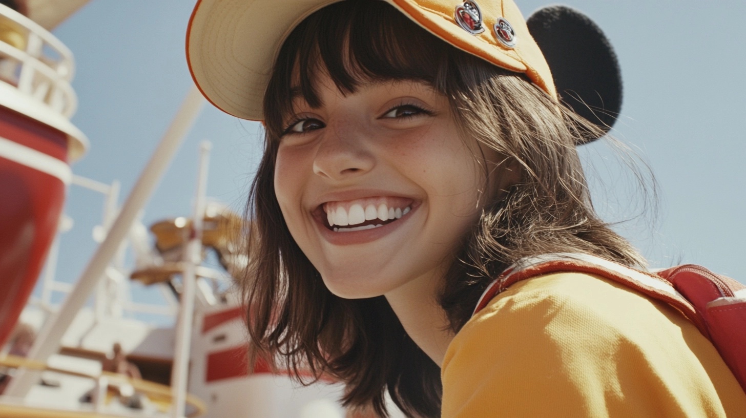 A young woman wearing a Mickey Mouse ear hat, smiling brightly on a Disney Cruise.