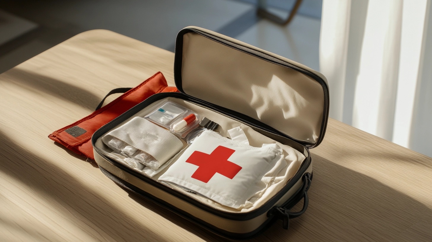 An open first aid kit displaying bandages, antiseptic wipes, and other medical supplies.