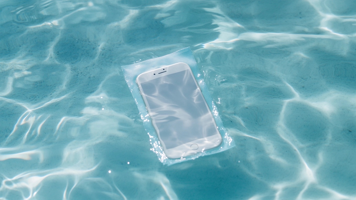 A smartphone inside a waterproof pouch, floating in clear blue water.